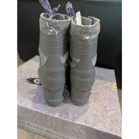 SOREL Lexi Youth Wedge Boots Sz 1 Gray w/ Silver Splash Glitter Purple Laces - Picture 6 of 8